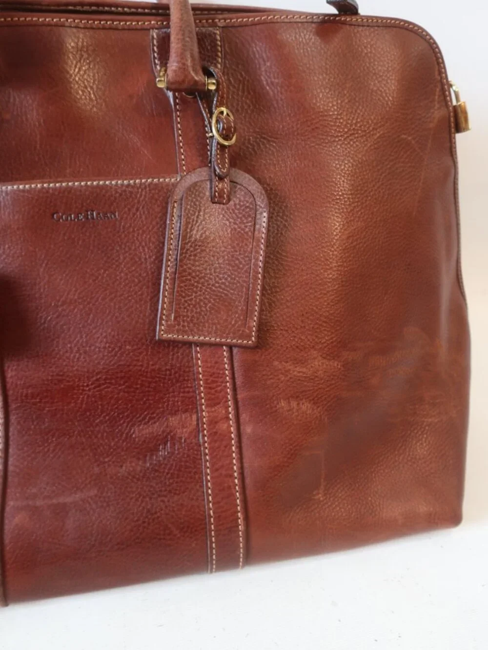 Mens Cole Haan Brown Pebbled Leather Vintage Weekender Duffel Travel Bag